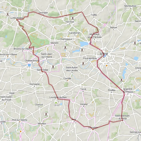 Miniature de la carte de l'inspiration cycliste "La Bouëxière Gravel Tour" dans la Bretagne, France. Générée par le planificateur d'itinéraire cycliste Tarmacs.app