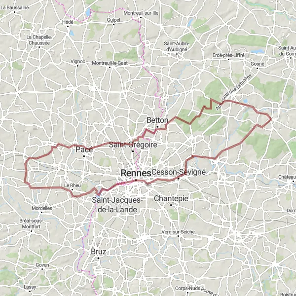 Map miniature of "Ride through the Hilly Gravel Routes" cycling inspiration in Bretagne, France. Generated by Tarmacs.app cycling route planner