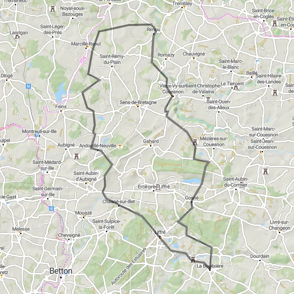 Miniature de la carte de l'inspiration cycliste "Historic Road Loop to Gosné" dans la Bretagne, France. Générée par le planificateur d'itinéraire cycliste Tarmacs.app