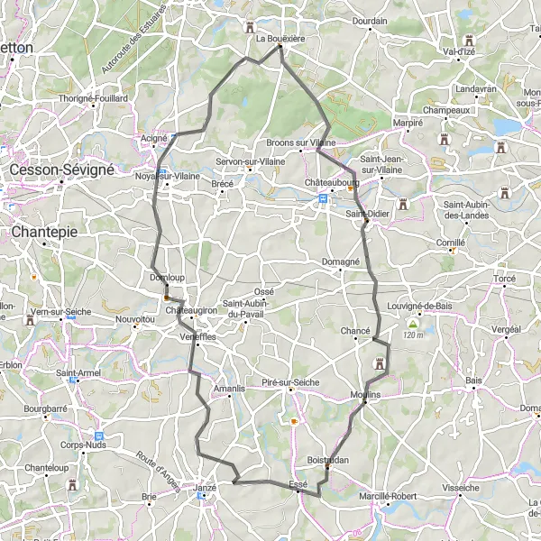 Miniature de la carte de l'inspiration cycliste "Picturesque Road Ride to Domloup" dans la Bretagne, France. Générée par le planificateur d'itinéraire cycliste Tarmacs.app