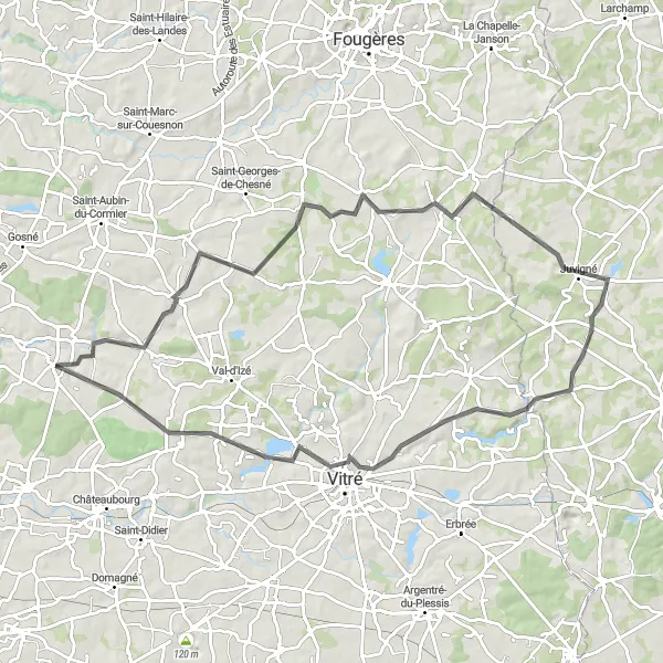 Miniature de la carte de l'inspiration cycliste "Challenging Road Circuit to Champeaux" dans la Bretagne, France. Générée par le planificateur d'itinéraire cycliste Tarmacs.app