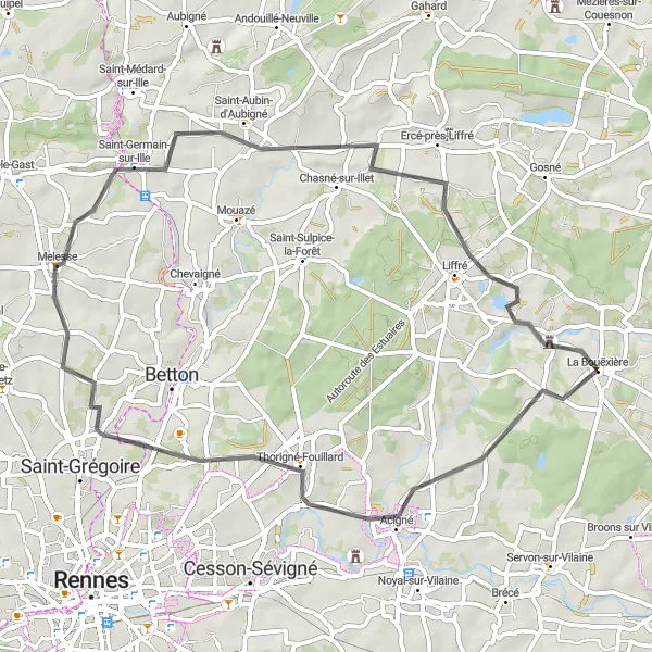 Map miniature of "Discover the Charming Countryside of La Bouëxière" cycling inspiration in Bretagne, France. Generated by Tarmacs.app cycling route planner