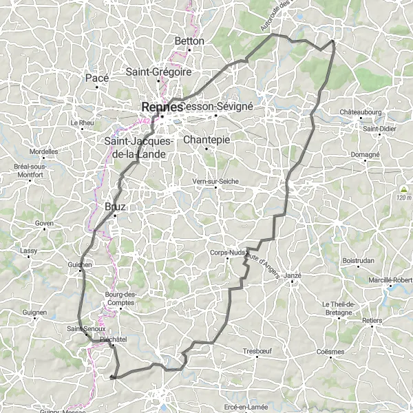 Miniature de la carte de l'inspiration cycliste "Boucle à vélo autour de La Bouëxière" dans la Bretagne, France. Générée par le planificateur d'itinéraire cycliste Tarmacs.app