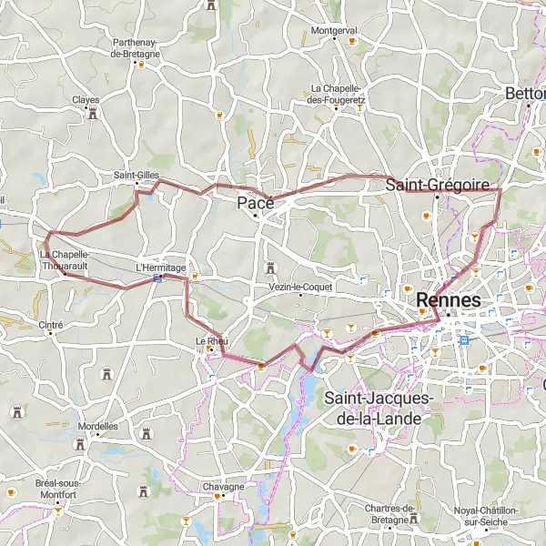 Miniature de la carte de l'inspiration cycliste "Circuit gravel de 46 km aux environs de Rennes" dans la Bretagne, France. Générée par le planificateur d'itinéraire cycliste Tarmacs.app