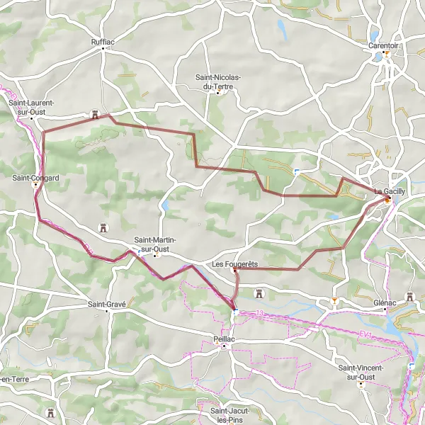 Miniature de la carte de l'inspiration cycliste "Aventure gravel autour de La Gacilly" dans la Bretagne, France. Générée par le planificateur d'itinéraire cycliste Tarmacs.app