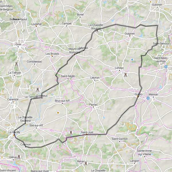 Map miniature of "Road Route to Guipry" cycling inspiration in Bretagne, France. Generated by Tarmacs.app cycling route planner