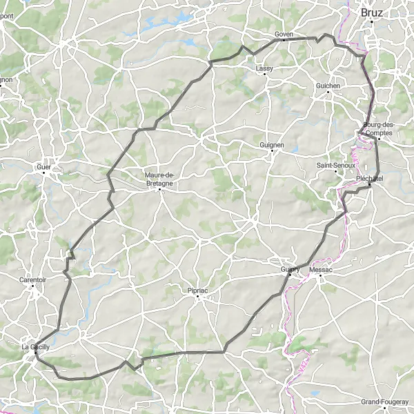 Map miniature of "La Gacilly and the Surrounding Countryside" cycling inspiration in Bretagne, France. Generated by Tarmacs.app cycling route planner