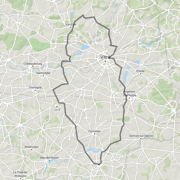 Miniature de la carte de l'inspiration cycliste "La Guerche-de-Bretagne - Vitré Circuit" dans la Bretagne, France. Générée par le planificateur d'itinéraire cycliste Tarmacs.app