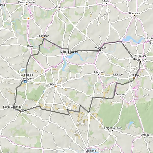 Miniature de la carte de l'inspiration cycliste "La Guerche-de-Bretagne - Essé Ride" dans la Bretagne, France. Générée par le planificateur d'itinéraire cycliste Tarmacs.app