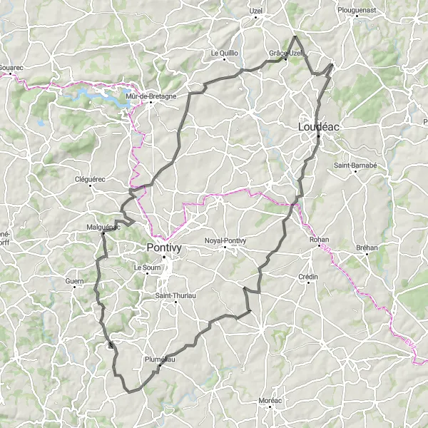 Map miniature of "Merrily Looped through Loudéac" cycling inspiration in Bretagne, France. Generated by Tarmacs.app cycling route planner