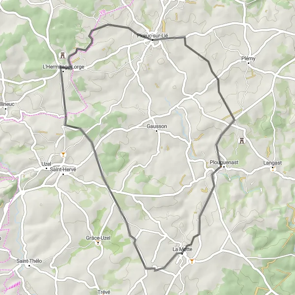 Map miniature of "The Plœuc-sur-Lié Loop" cycling inspiration in Bretagne, France. Generated by Tarmacs.app cycling route planner