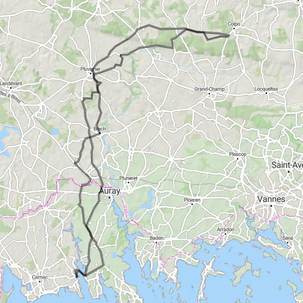 Map miniature of "Coastal Extravaganza" cycling inspiration in Bretagne, France. Generated by Tarmacs.app cycling route planner