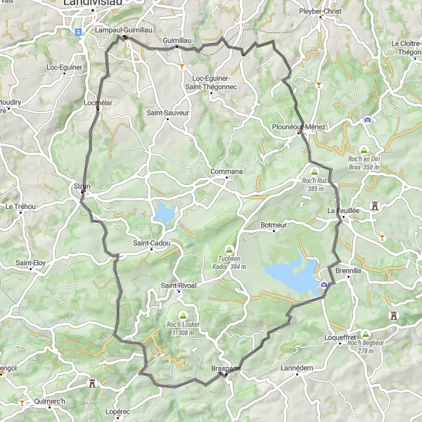 Map miniature of "The Guimiliau Circuit" cycling inspiration in Bretagne, France. Generated by Tarmacs.app cycling route planner