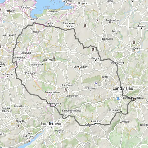 Miniature de la carte de l'inspiration cycliste "Les Routes du Léon" dans la Bretagne, France. Générée par le planificateur d'itinéraire cycliste Tarmacs.app