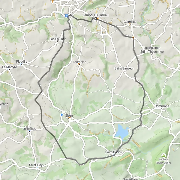 Map miniature of "Lampaul-Guimiliau Loop" cycling inspiration in Bretagne, France. Generated by Tarmacs.app cycling route planner