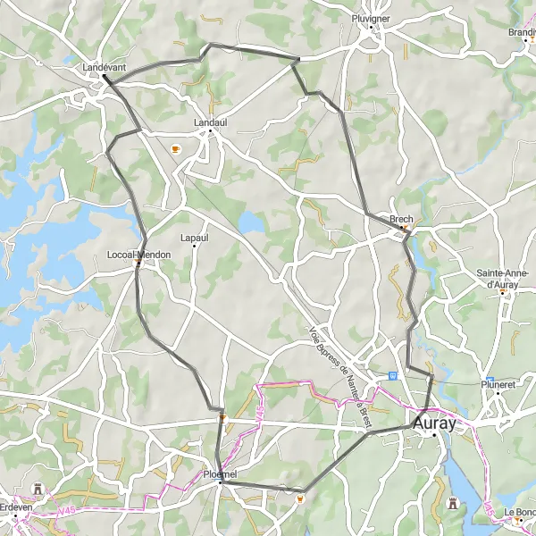 Map miniature of "Between Dawson and Auray" cycling inspiration in Bretagne, France. Generated by Tarmacs.app cycling route planner