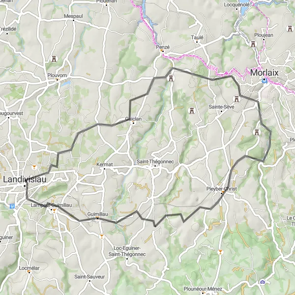 Map miniature of "Landivisiau to Châteaulin" cycling inspiration in Bretagne, France. Generated by Tarmacs.app cycling route planner
