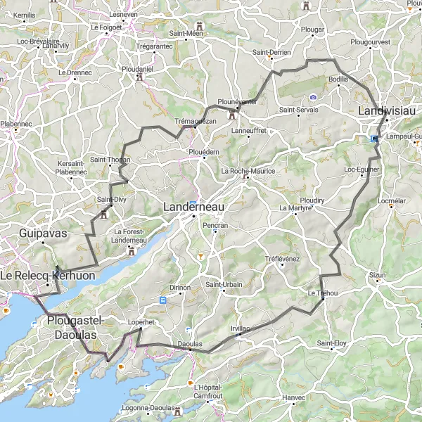 Map miniature of "Road Cycling Route from Landivisiau to Trémaouézan" cycling inspiration in Bretagne, France. Generated by Tarmacs.app cycling route planner