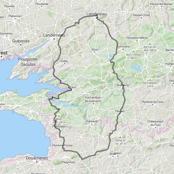 Map miniature of "Landivisiau to Plouézec" cycling inspiration in Bretagne, France. Generated by Tarmacs.app cycling route planner