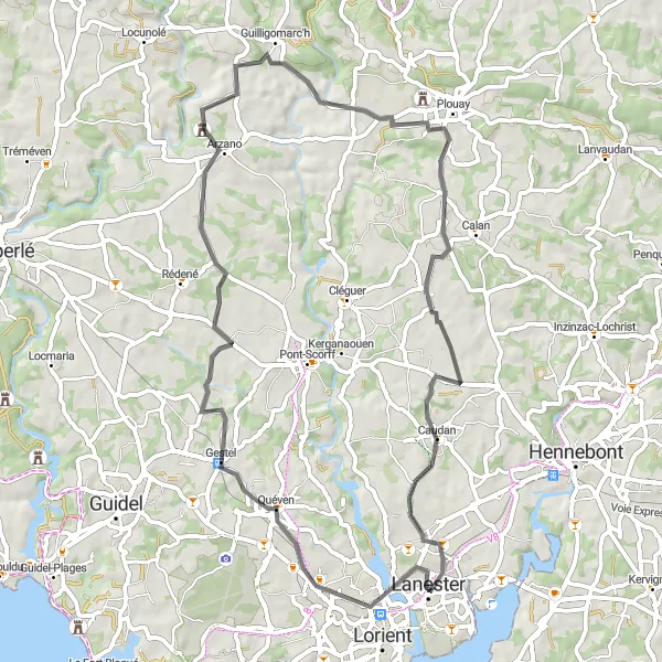 Map miniature of "Quéven and Plouay Explorer" cycling inspiration in Bretagne, France. Generated by Tarmacs.app cycling route planner