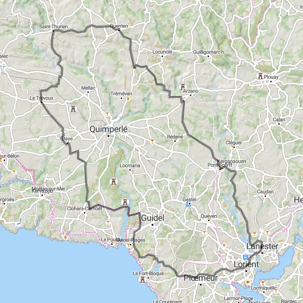 Map miniature of "Lorient to Kerviec Adventure" cycling inspiration in Bretagne, France. Generated by Tarmacs.app cycling route planner
