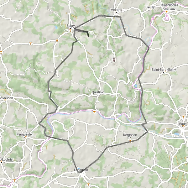 Miniature de la carte de l'inspiration cycliste "Parcours à travers Bubry et Ecluse de Talhouët" dans la Bretagne, France. Générée par le planificateur d'itinéraire cycliste Tarmacs.app