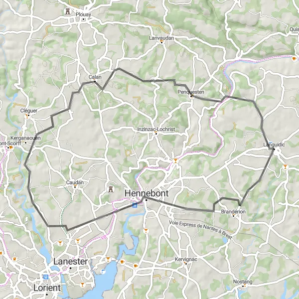 Miniature de la carte de l'inspiration cycliste "Petite boucle autour de Hennebont" dans la Bretagne, France. Générée par le planificateur d'itinéraire cycliste Tarmacs.app