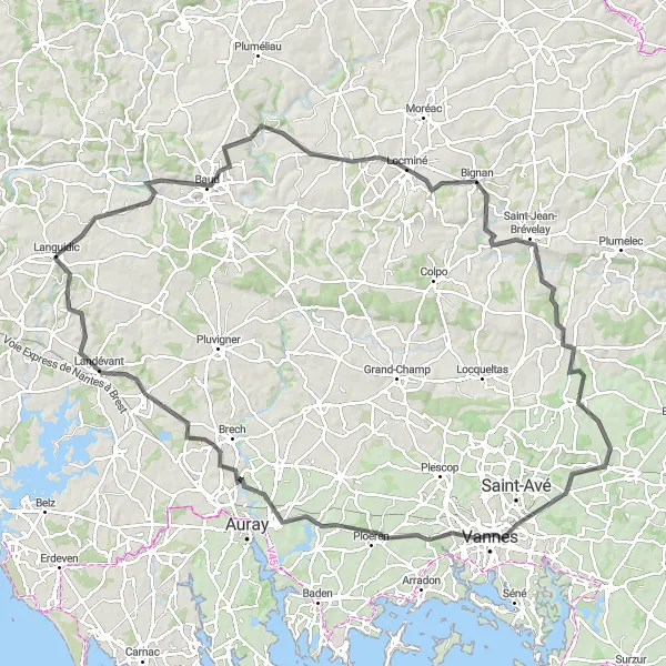 Miniature de la carte de l'inspiration cycliste "Boucle de Languidic à Vannes" dans la Bretagne, France. Générée par le planificateur d'itinéraire cycliste Tarmacs.app