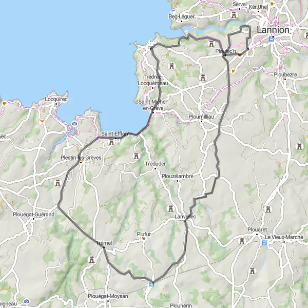 Map miniature of "Manoir de Kervegan and Roches de Beaumanoir Road Adventure" cycling inspiration in Bretagne, France. Generated by Tarmacs.app cycling route planner