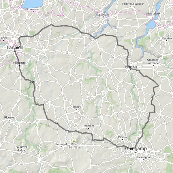 Miniature de la carte de l'inspiration cycliste "Parcours à vélo de Coatréven à Ploubezre" dans la Bretagne, France. Générée par le planificateur d'itinéraire cycliste Tarmacs.app