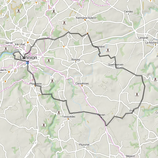 Map miniature of "Exploring Lanmérin and Loguivy-lès-Lannion" cycling inspiration in Bretagne, France. Generated by Tarmacs.app cycling route planner