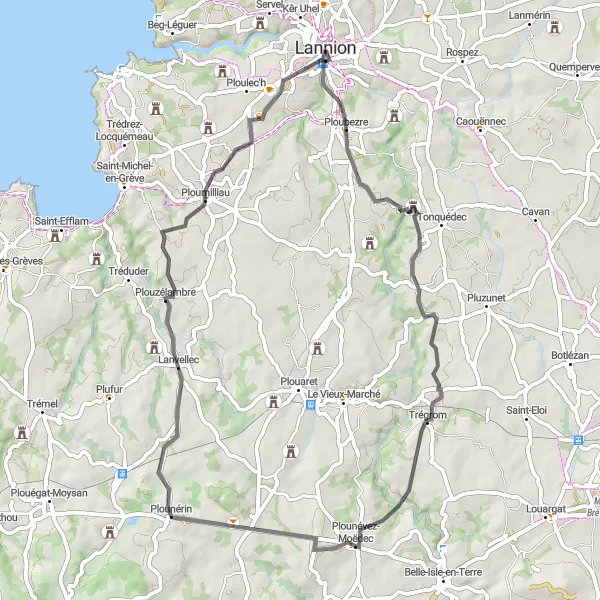 Map miniature of "Trégrom Loop" cycling inspiration in Bretagne, France. Generated by Tarmacs.app cycling route planner