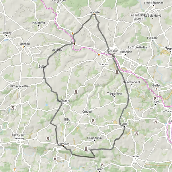 Map miniature of "Josselin and Lizio Loop" cycling inspiration in Bretagne, France. Generated by Tarmacs.app cycling route planner