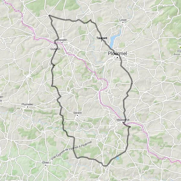 Map miniature of "Lanouée and Ploërmel Loop" cycling inspiration in Bretagne, France. Generated by Tarmacs.app cycling route planner