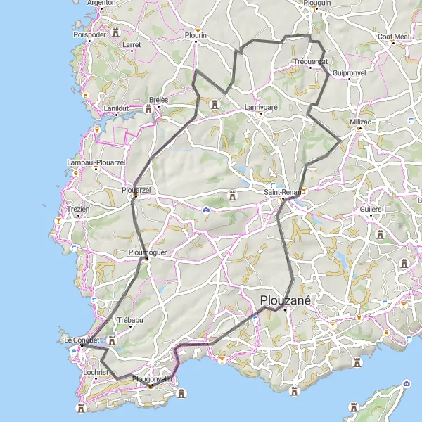 Miniature de la carte de l'inspiration cycliste "Passerelle - Plougonvelin Road Cycling Route" dans la Bretagne, France. Générée par le planificateur d'itinéraire cycliste Tarmacs.app