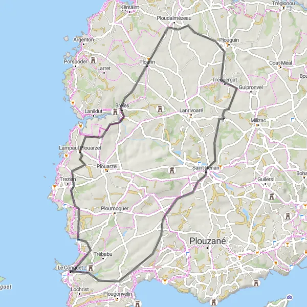 Map miniature of "Challenging Road Cycling Route from Le Conquet" cycling inspiration in Bretagne, France. Generated by Tarmacs.app cycling route planner