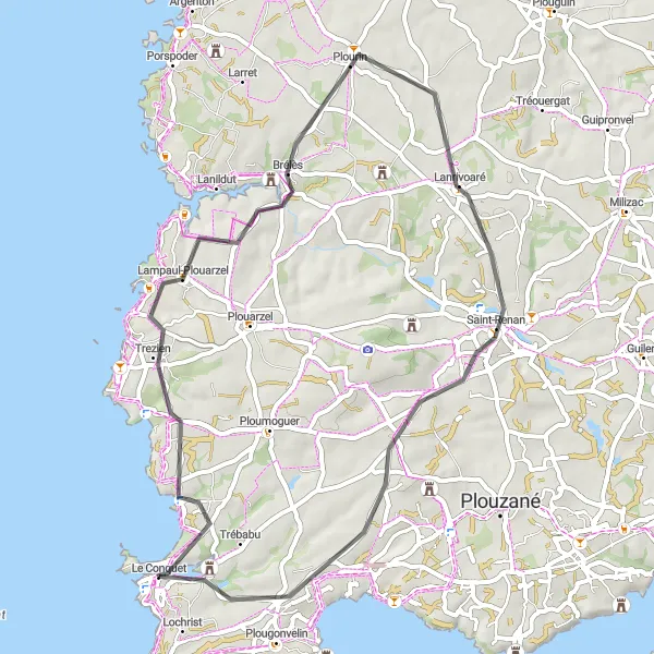 Map miniature of "Le Conquet Loop: Coastal Views and Historical Sites" cycling inspiration in Bretagne, France. Generated by Tarmacs.app cycling route planner