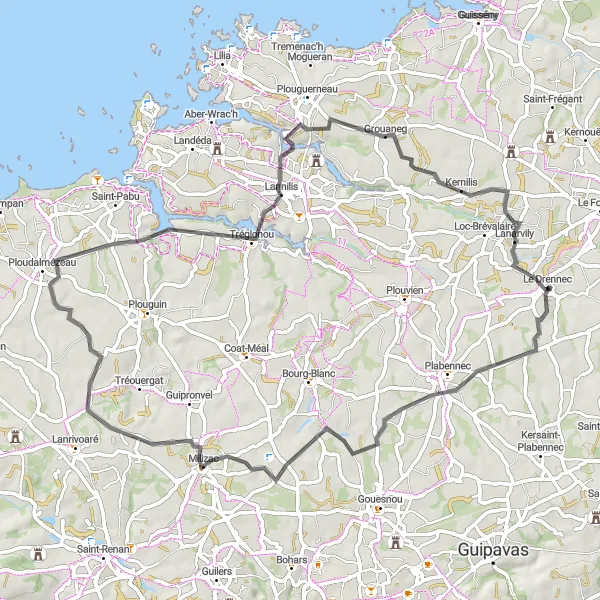 Miniature de la carte de l'inspiration cycliste "Le littoral breton à vélo" dans la Bretagne, France. Générée par le planificateur d'itinéraire cycliste Tarmacs.app