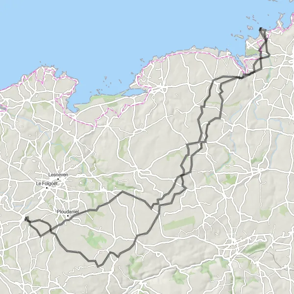 Map miniature of "The Northern Exploration" cycling inspiration in Bretagne, France. Generated by Tarmacs.app cycling route planner