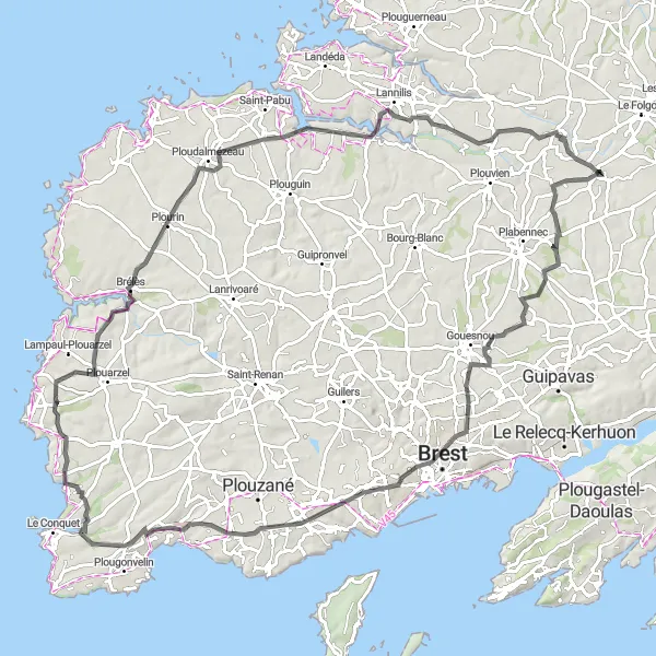 Map miniature of "Le Drennec and the Belvédère Loop" cycling inspiration in Bretagne, France. Generated by Tarmacs.app cycling route planner