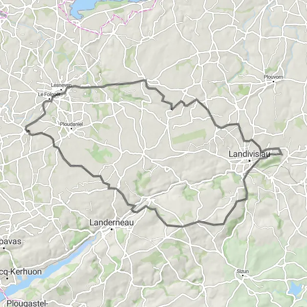Miniature de la carte de l'inspiration cycliste "Tour à vélo pittoresque vers Le Drennec" dans la Bretagne, France. Générée par le planificateur d'itinéraire cycliste Tarmacs.app