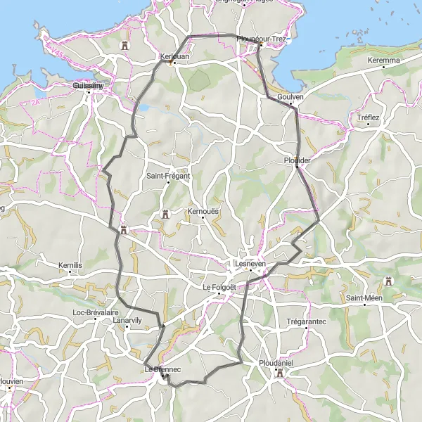 Miniature de la carte de l'inspiration cycliste "Itinéraire bucolique vers Le Drennec" dans la Bretagne, France. Générée par le planificateur d'itinéraire cycliste Tarmacs.app