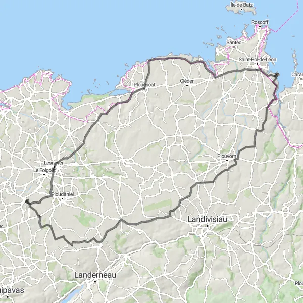 Map miniature of "Le Drennec and the Coastal Delights of Brittany" cycling inspiration in Bretagne, France. Generated by Tarmacs.app cycling route planner