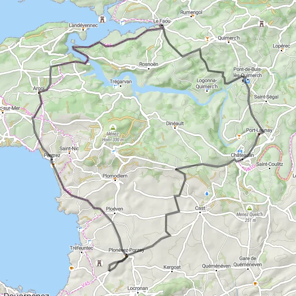 Map miniature of "Le Faou Coastal Route" cycling inspiration in Bretagne, France. Generated by Tarmacs.app cycling route planner