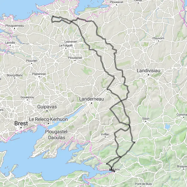Map miniature of "Le Faou - Road route through Croix Quillafel to Le Faou" cycling inspiration in Bretagne, France. Generated by Tarmacs.app cycling route planner