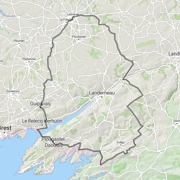Miniature de la carte de l'inspiration cycliste "Parcours des Monts d'Arrée et de l'Aulne" dans la Bretagne, France. Générée par le planificateur d'itinéraire cycliste Tarmacs.app