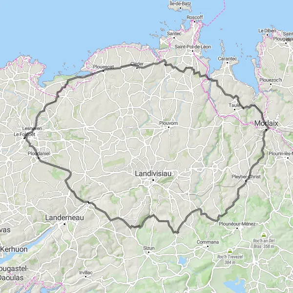 Miniature de la carte de l'inspiration cycliste "Tour des Enclos Paroissiaux du Nord Finistère" dans la Bretagne, France. Générée par le planificateur d'itinéraire cycliste Tarmacs.app