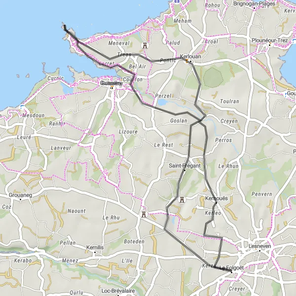Miniature de la carte de l'inspiration cycliste "Escapade à Kerlouan et Saint-Frégant" dans la Bretagne, France. Générée par le planificateur d'itinéraire cycliste Tarmacs.app