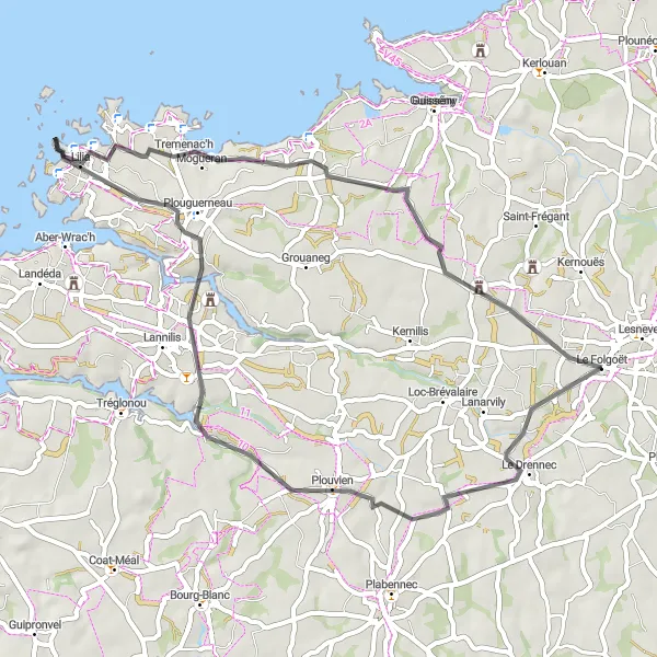Miniature de la carte de l'inspiration cycliste "Escapade Côtière en Pays Léonard" dans la Bretagne, France. Générée par le planificateur d'itinéraire cycliste Tarmacs.app