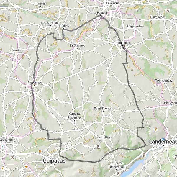 Miniature de la carte de l'inspiration cycliste "Boucle de Ploudaniel et alentours" dans la Bretagne, France. Générée par le planificateur d'itinéraire cycliste Tarmacs.app